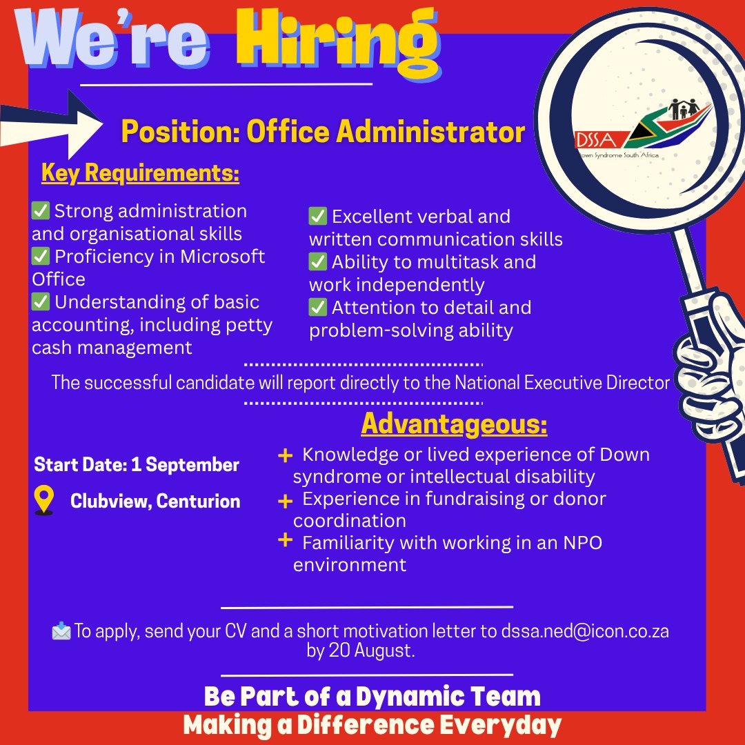DSSA is hiring an Office Administrator. please see advert for criteria and email your CV to dssa.ned@icon.co.za