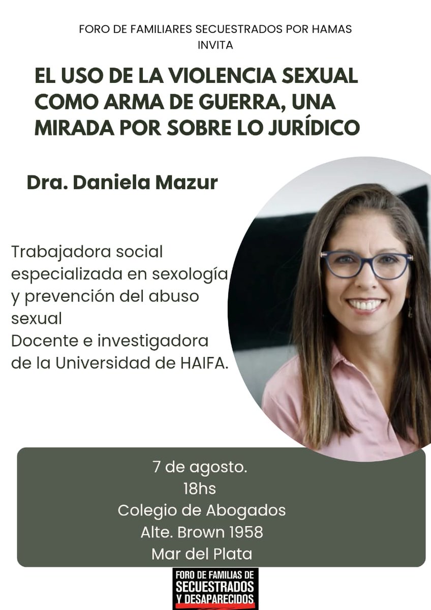 Mañana la Dra. Daniela Mazur va a estar brindando esta charla en nuestra ciudad. Una oportunidad increíble para poder nutrirnos de su conocimiento sobre un tema tan fuerte y actual como el uso de la violencia sexual como arma de guerra. Algo que parece de la Edad Media, pero