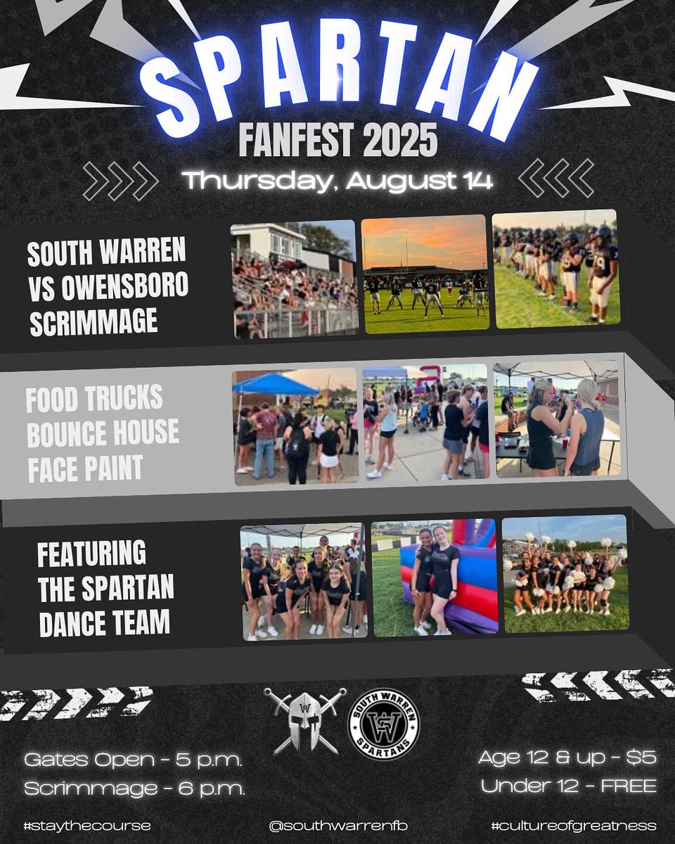 Spartan fans! Come kick off the 2025 South Warren Football Season at FanFest 2025 on Thursday, August 14! Gates open at 5:00 p.m., and admission is only $5 for anyone 12 and older. Kids under 12 get in free! Come join the fun and cheer on our Spartans as they kick off the season!