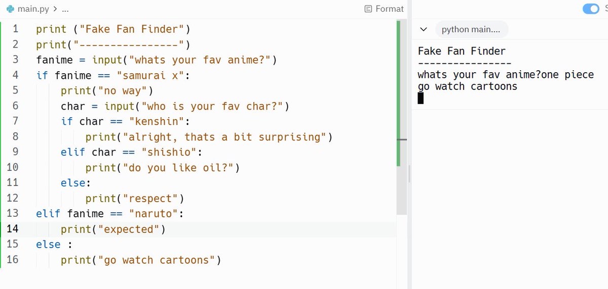 RohitTirunellai's tweet image. Today I learned about nested IFs + wrote a bit of a program on fake fans🐍 and here are some possible real-world examples of nested IFs in a program ⬇️Day 7 of #Replit100DaysOfCode #100DaysOfCode. @Replit