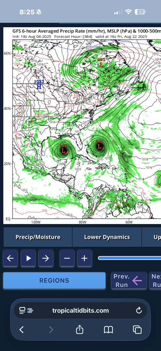 Vascrypt1's tweet photo. The model is way far out and 100% will change. But crazy to see a GFS run with a cat 5 hurricane on each side of Florida at the same time #HurricaneSeason #Tropicalupdate #weather https://t.co/qta6fLdovM