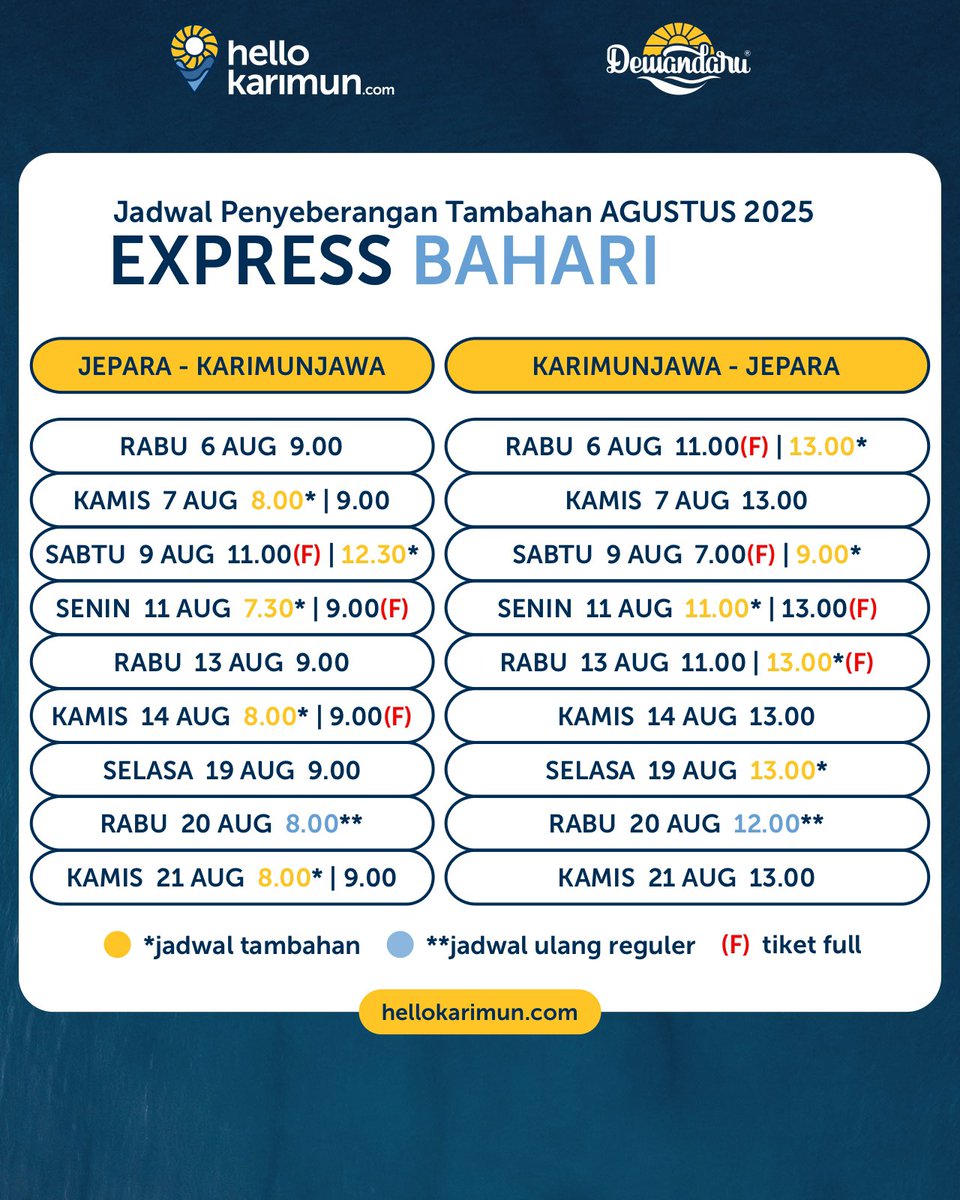 Jadwal penyeberangan tambahan Agustus 2025. 👋🏻🤿🛍️
_
#Dewandaru
#OlehOleh
#Karimunjawa
#HelloKarimun
#MampirDewandaru