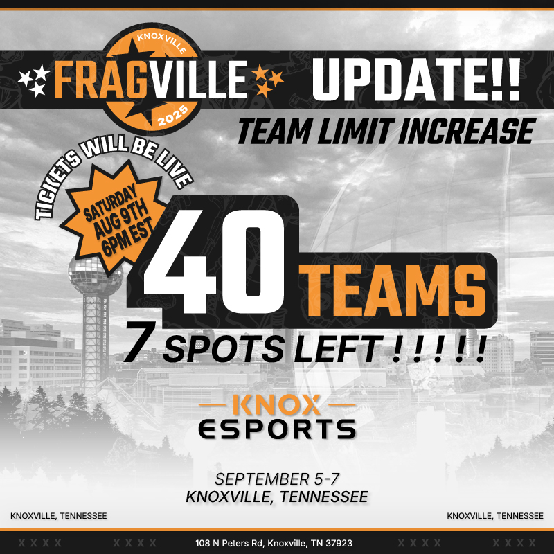 Fragadelphia (@fragadelphia) on Twitter photo The community spoke and we listened!
After a detailed evaluation of the <a href="/KnoxEsportsTN/">Knox Esports</a> venue, we've found a way to expand Fragville to 40 teams! On Saturday August 9th at 6PM EST the additional 7 team passes will go up for sale!
With that expansion comes a few important The community spoke and we listened!
After a detailed evaluation of the <a href="/KnoxEsportsTN/">Knox Esports</a> venue, we've found a way to expand Fragville to 40 teams! On Saturday August 9th at 6PM EST the additional 7 team passes will go up for sale!
With that expansion comes a few important