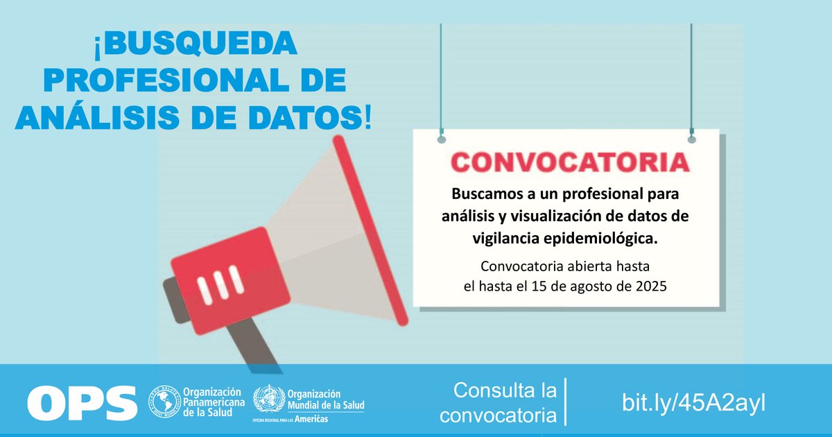 OPSOMSMexico's tweet photo. ¡Colabora con Nosotros! 😀
ℹ️Tenemos nueva convocatoria
💻Profesional en análisis y visualización de datos de vigilancia epidemiológica.
➕Información 👇
▶️https://t.co/KC7Bm3ANrw
Convocatoria abierta hasta el 15 de agosto de 2025
#EmpleosOPS #PAHOJobs https://t.co/v6mxe5cceb