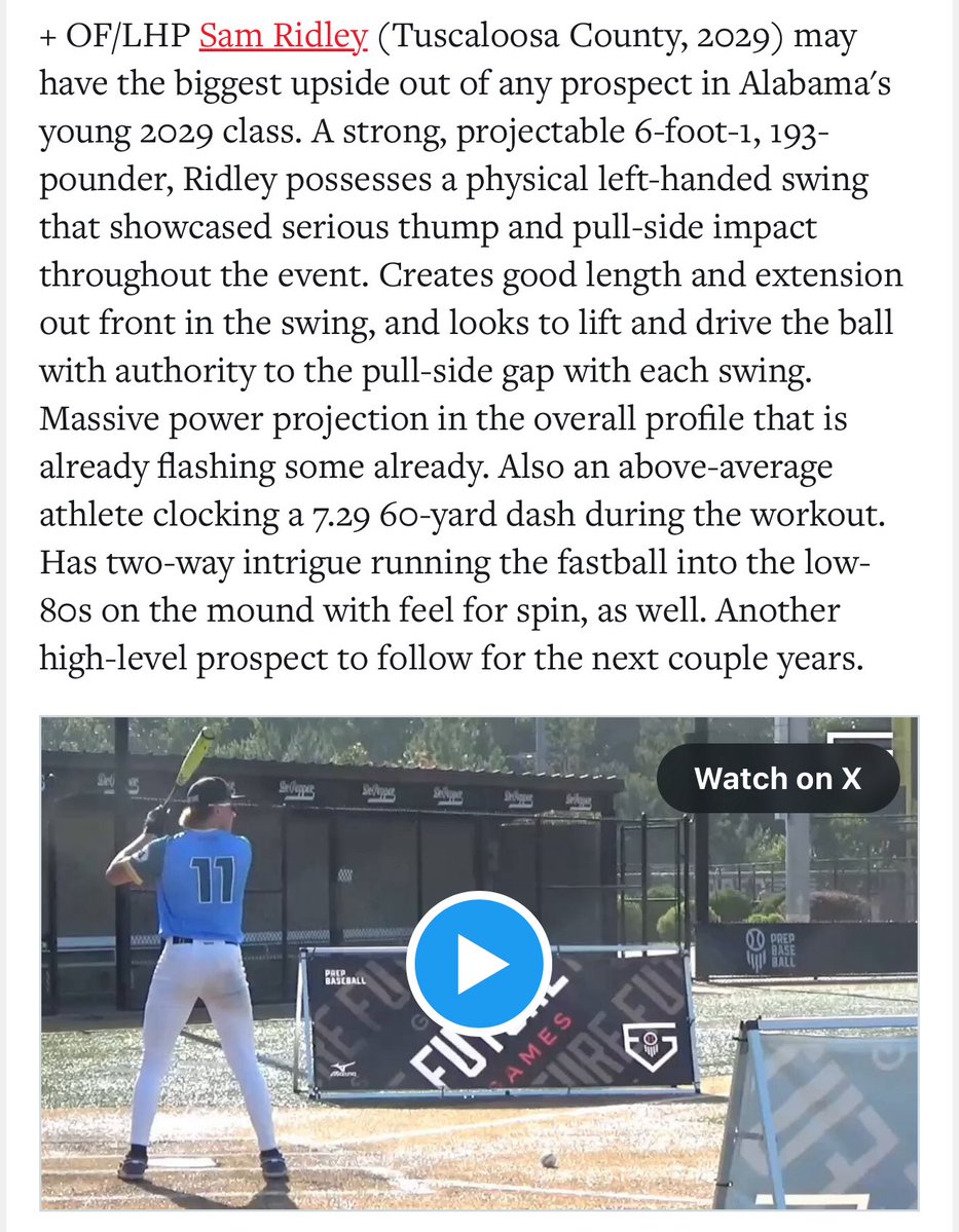 Atlanta Braves Scout Team (@bravesscoutteam) on Twitter photo β29 Sam Ridley has joined the Atlanta Braves Scout Team 15U-Sam is a top 3 LHP in the 2029 class in AL-Big Frame can hit for power-Sam threw 3 no hit innings in the 16U WWBA for the Braves-FB 87 <a href="/SamRidley2029/">Sam Ridley</a> <a href="/BaseballAmerica/">Baseball America</a> <a href="/PG_Scouting/">Perfect Game Scout</a> <a href="/PG_Uncommitted/">PG_Uncommitted</a> <a href="/PrepBaseballAL/">Prep Baseball Alabama</a> β29 Sam Ridley has joined the Atlanta Braves Scout Team 15U-Sam is a top 3 LHP in the 2029 class in AL-Big Frame can hit for power-Sam threw 3 no hit innings in the 16U WWBA for the Braves-FB 87 <a href="/SamRidley2029/">Sam Ridley</a> <a href="/BaseballAmerica/">Baseball America</a> <a href="/PG_Scouting/">Perfect Game Scout</a> <a href="/PG_Uncommitted/">PG_Uncommitted</a> <a href="/PrepBaseballAL/">Prep Baseball Alabama</a>