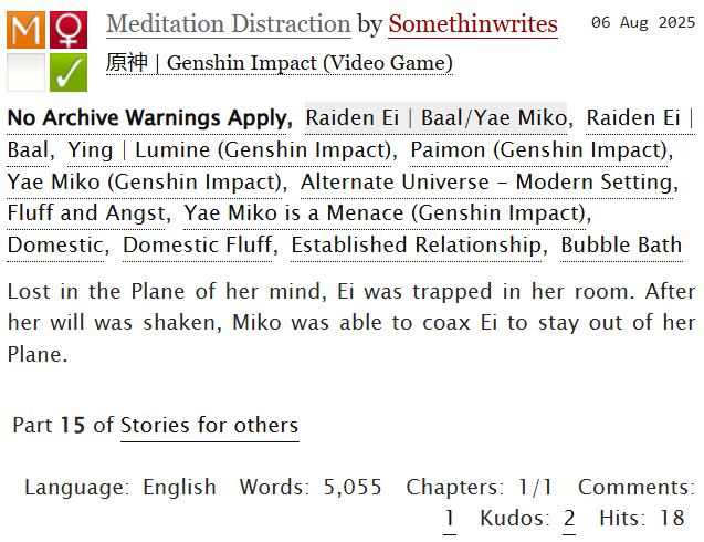 Wrote an #eimiko fic set in a modern au. Angst with fluff. Ei is a shut in and Miko is the breadwinner wife. 

archiveofourown.org/works/68804926