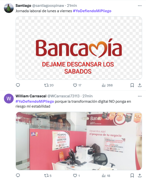 TendenciaEnX's tweet photo. «#YoDefiendoMiPliego», porque empleados bancarios del sector financiero protestan a través de este numeral, exigiendo un incremento salarial y jornada laboral justa, prima extralegal, más y mejores derechos para las mujeres, entre otros, en un pliego de peticiones a Bancamía. https://t.co/wN3aaFbYmC
