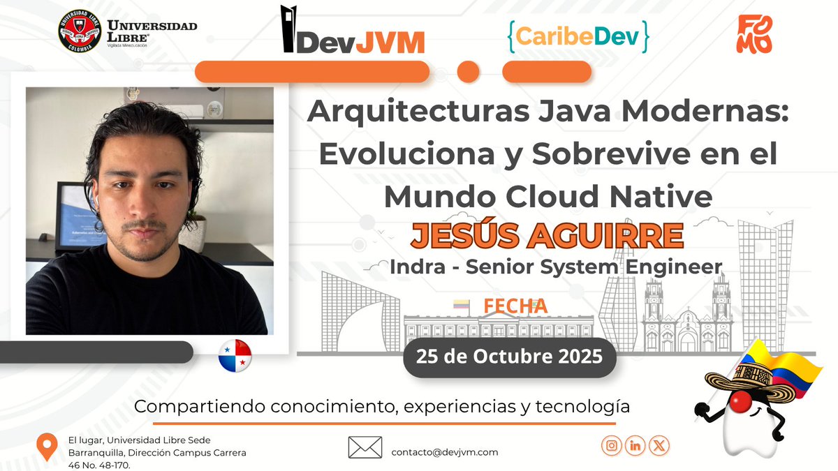 Barranquilla JUG 🇨🇴 (@jugbaq) on Twitter photo 🏗️ Speaker DevJVM: JESÚS AGUIRRE(<a href="/injesag8/">Jesús Aguirre</a>) 🇵🇦
"Arquitecturas Java Modernas: Evoluciona y Sobrevive en el Mundo Cloud Native"
Reality check:
❌ Monolito 2010 = Deuda técnica infinita
✅ Cloud Native 2025 = Escalabilidad + $$
Jesús compartirá:
- Migración de legacy SIN downtime 🏗️ Speaker DevJVM: JESÚS AGUIRRE(<a href="/injesag8/">Jesús Aguirre</a>) 🇵🇦
"Arquitecturas Java Modernas: Evoluciona y Sobrevive en el Mundo Cloud Native"
Reality check:
❌ Monolito 2010 = Deuda técnica infinita
✅ Cloud Native 2025 = Escalabilidad + $$
Jesús compartirá:
- Migración de legacy SIN downtime