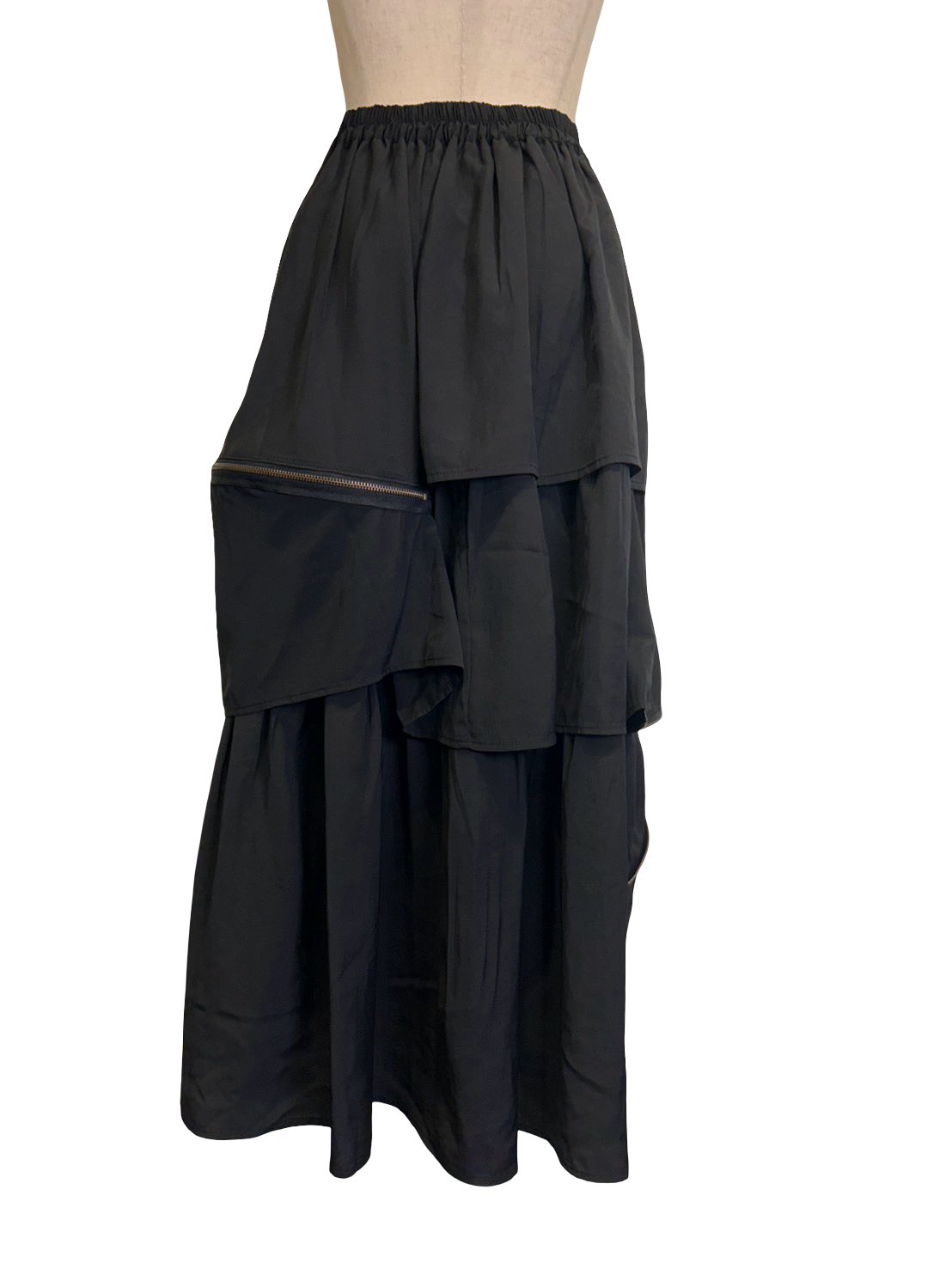 送料込　T.KUNITOMO　ロングスカート T.KUNITOMO フレア ロング スカート くしゅ タック 変形 和柄 黒