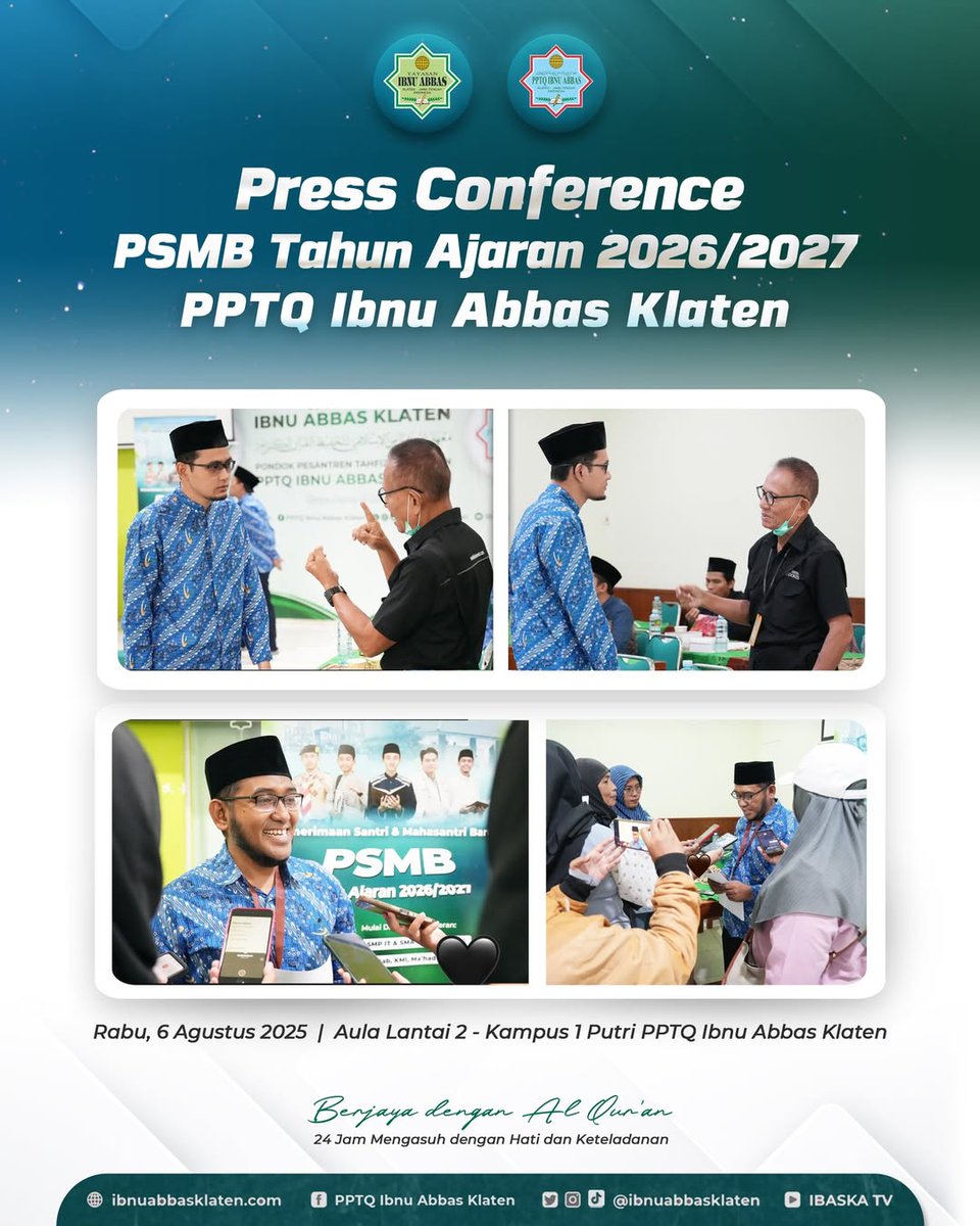 ibnuabbasklaten's tweet photo. Penerimaan Santri & Mahasantri Baru (PSMB) Tahun Ajaran 2026/2027, Yayasan-PPTQ Ibnu Abbas Klaten adakan Press Conference bersama 27 Wartawan area Solo Raya.
Agenda ini sekaligus menjadi wujud pengembangan sinergi media, dakwah, serta pendidikan.
#pressconference #psmb #psb https://t.co/AYig1dM4jQ