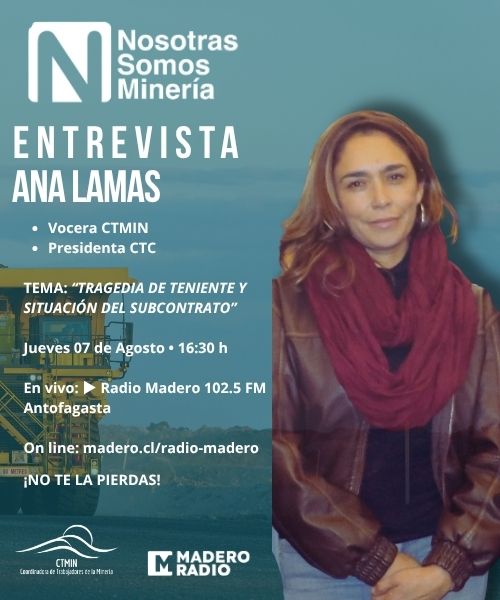 🎙️ Jue 07/ago – 16:30 hrs
💬 Entrevista a Ana Lamas, vocera CTMIN y presidenta CTC
📌 Tema: Tragedia en El Teniente y situación del Subcontrato
📻 Radio Madero 102.5 FM Antofagasta
🔴 En vivo: madero.cl/radio-madero | FB Live: @maderocl
#CTC #CTMIN #AnaLamas #Minería