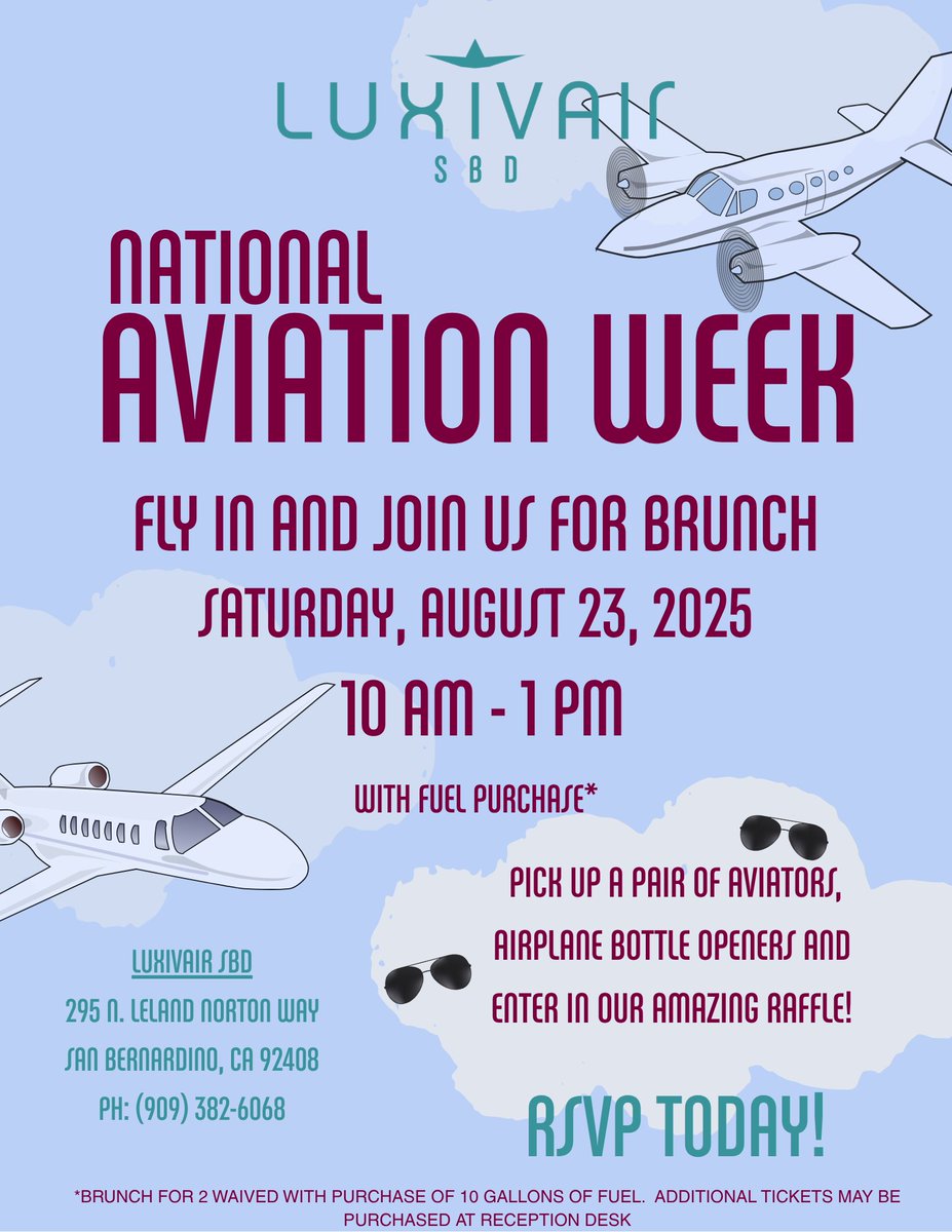 ✈️🛩️✨ Join us for brunch at Luxivair SBD as we celebrate National Aviation Week! 🥂🍽️ Enjoy a morning of delicious bites, great company, and a toast to the incredible spirit of aviation. 🚀Saturday, 8/23/25 from 10 AM - 1 PM 

#NationalAviationWeek #LuxivairSBD