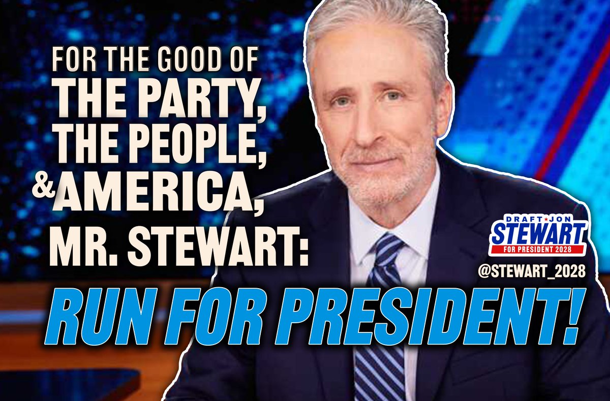 PUSH IT FAR AND WIDE
<a href="/jonstewart/">Jon Stewart</a>, TO SERVE YOUR COUNTRY, RUN FOR PRESIDENT!
Post this graphic everywhere!