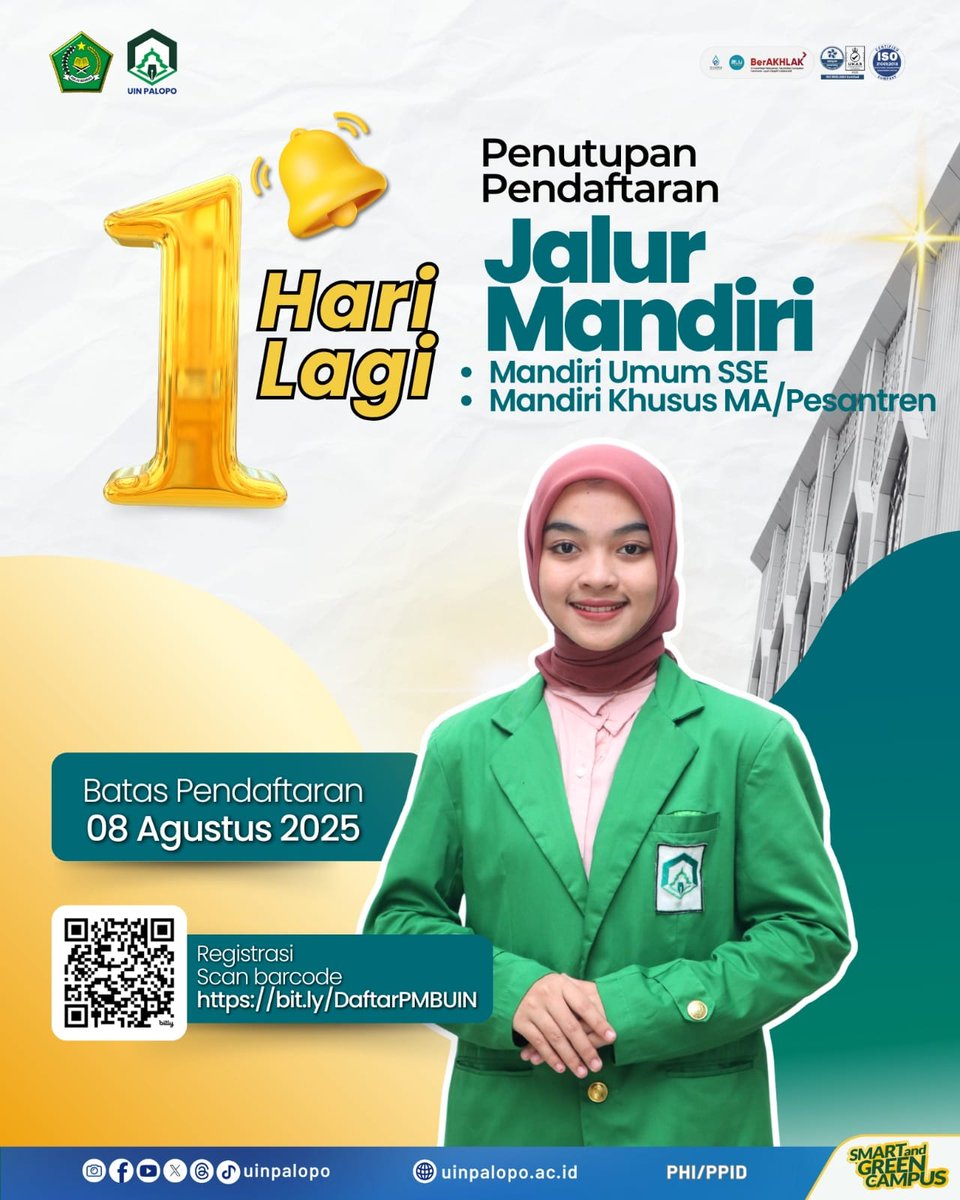uinpalopo's tweet photo. Sobat smart&amp;green. Tersisa 1 hari lagi pendaftaran Jalur Mandiri Umum SSE dan Jalur Mandiri Khusus MA/Pesantren.

Buruan daftar, jadilah pejuang ilmu, agen perubahan, mahasiswa UIN Palopo. 
✅ Link pendaftaran : https://t.co/oQPyqS0p1Q
✅ Layanan informasi : 085341291721 https://t.co/PA8NtEDk5l