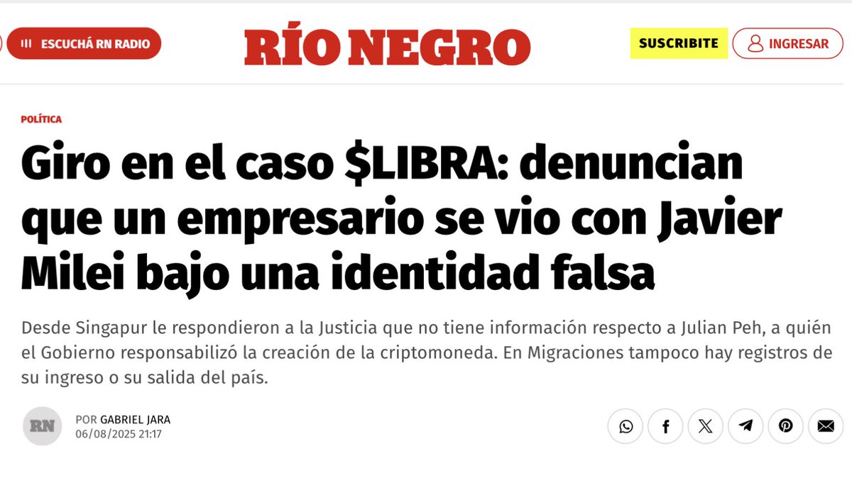 Primero se supo que no hay registro en migraciones del ingreso y egreso de Julián Peh al país. Ahora Interpol dice que no hay registro de esa persona en Singapur. Pero el tipo se reunió con Milei! Cada vez más delirante e insólito todo lo que rodea al caso Libra.