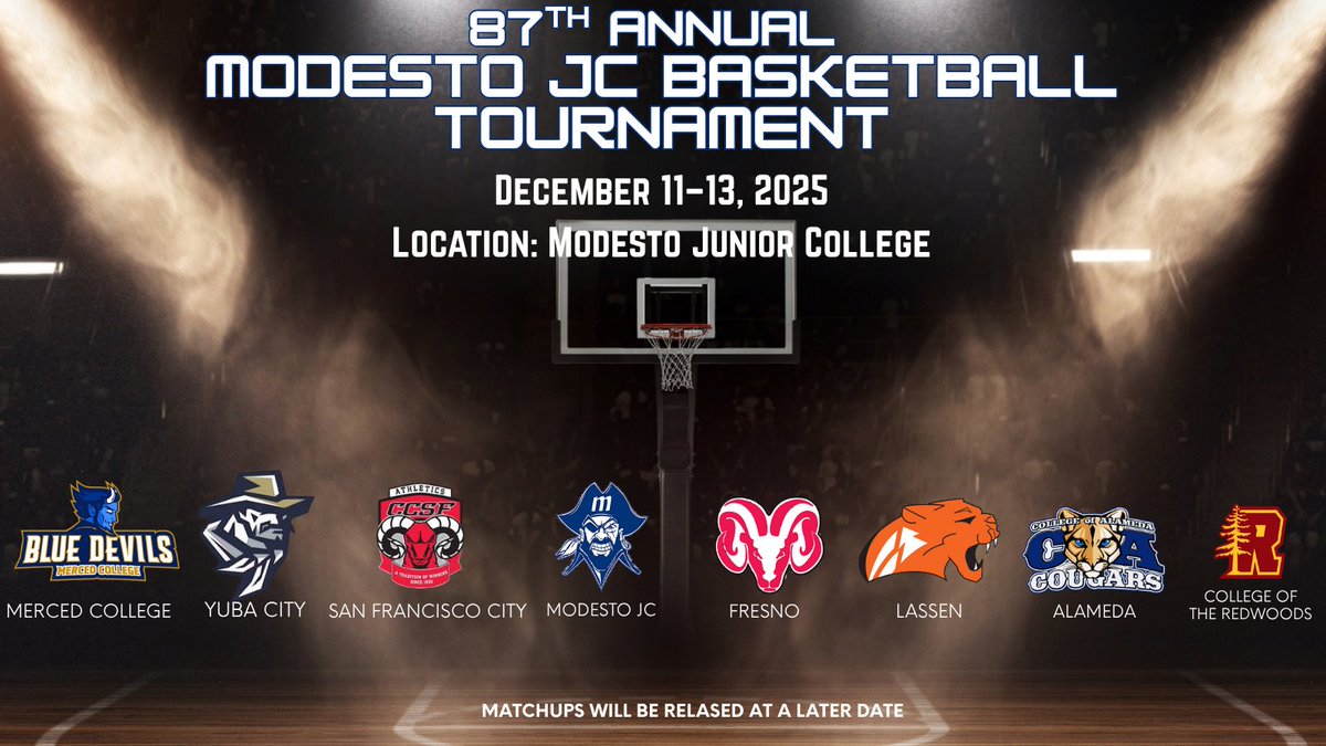 Excited to share the teams participating in the 87th MJC Men’s Basketball Tournament which is the longest running college tournament in the country.

Participants: Yuba, Merced, Lassen, Fresno City, College of the Redwoods, Alameda, MJC &amp; 2025 State Champions San Francisco City.