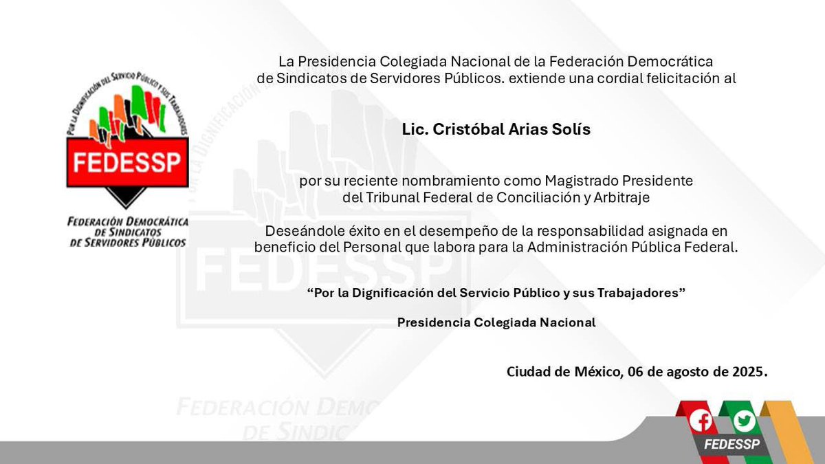 Designación de Magistrado Presidente en el <a href="/TFCA_mx/">Tribunal Federal de Conciliación y Arbitraje</a> 
Presidencia Colegiada Nacional 
<a href="/FedesspN/">FEDESSP Nacional</a> 
<a href="/agusaviles1/">Agustín Avilés</a> 
<a href="/pedrojoseescar3/">pedro jose escarcega delgado</a> 
<a href="/censntsict/">SNTSICT</a> 
<a href="/marudavalos29/">Maru Dávalos</a>