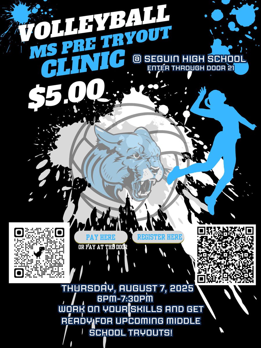 SeguinVball's tweet photo. Do you know someone trying out for a middle school volleyball team next week?! Our Middle School Pre Tryout clinic is tomorrow!!!!
We can’t wait to see you all and help you prepare for your upcoming season! #TryoutSeason https://t.co/BmFJGYLJbR