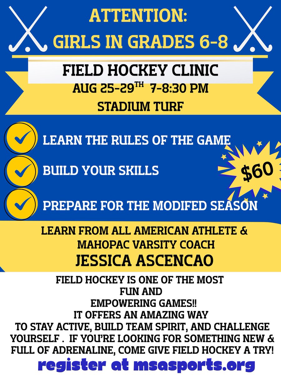 Attention middle school athletes‼️ please join the MSA 6th-8th grade pre season clinic! A great way to practice your skills or learn a new sport before the modified season! 🏑