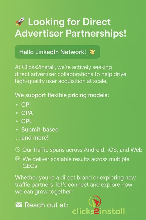 clicks2install's tweet photo. 🚀 Looking for Direct Advertiser Partnerships!
#UserAcquisition #AffiliateMarketing #PerformanceMarketing #DirectAdvertisers #Clicks2Install #GrowthMarketing #MediaBuying #AppMarketing #DigitalMarketing
📩 Reach out at: support@clicks2install.limited https://t.co/s0VTjnO5xE