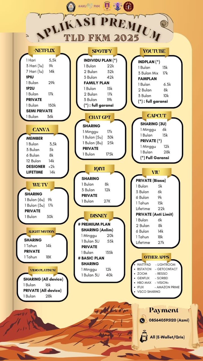 niatchucangtip's tweet image. assalamualaikum pricelist UPDATED‼️
#appprem #apppremium #netfix #spotify #youtube #canva #chatgpt #capcut #wetv #iqiyi #viu #alightmotion #disney #vidio #sharing #wattpad #bstation #zoom #genflix #hbomax #iflix #vsco #lightroom #getcontact #resso #scribd #vision #amazonprime