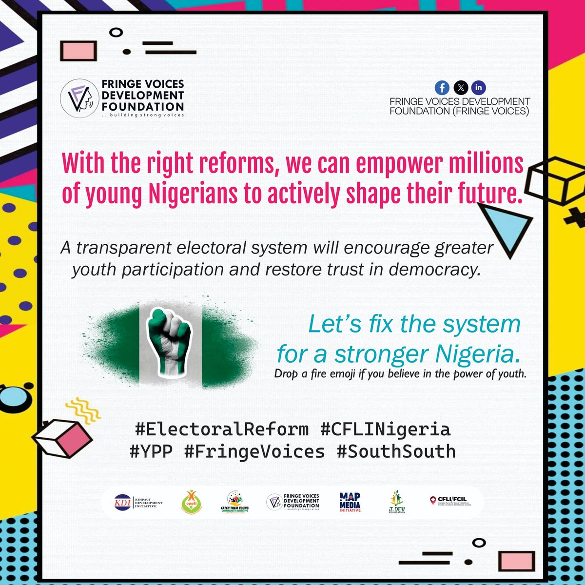 EjitJosiah's tweet photo. With the right reforms, we can empower many young people to actively shape their future ...

#SouthSouth #YPP #CFLINigeria #FringeVoices #ElectoralReforms
@FVDFOUNDATION @mapdiafrica https://t.co/np4N2PxoMh