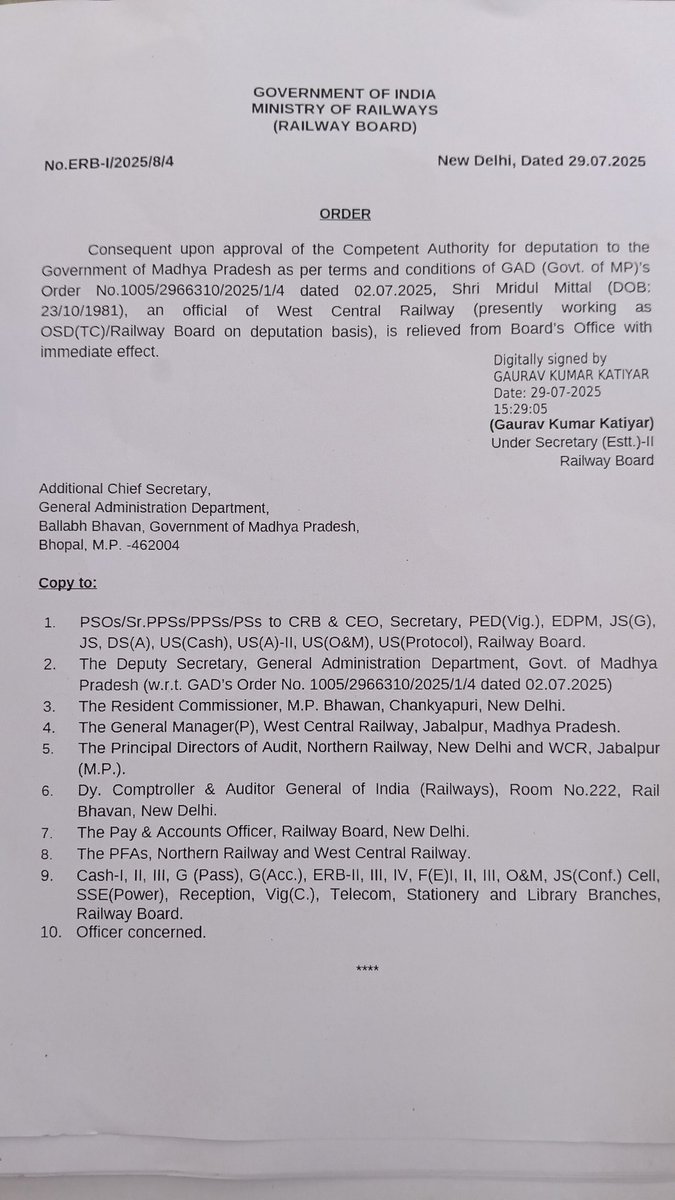 CrusaderRa97521's tweet photo. @AshwiniVaishnaw @RailMinIndia @DrMohanYadav51 @CVCIndia
@RailwaySeva  One error begets another. Mr. Mridul Mittal, OSD/TC/Railway Board, had a long-standing tenure at the Railway Board. A campaign by crusaders, replete with various allegations on  X, culminated in his tweets going viral and his eventual ouster from the Railway Board. Paradoxically, he was then redeployed on deputation to the MP government. This move, however, blantly contravenes the explicit guidelines outlined in DoPT Letter No. 2/11/2016-Estt.(pay-II) dated 20.07.2018 which mandates a minimum 3-year cooling period between successive deputations.
Kindly look into this matter.
#fightagainstcorruption.