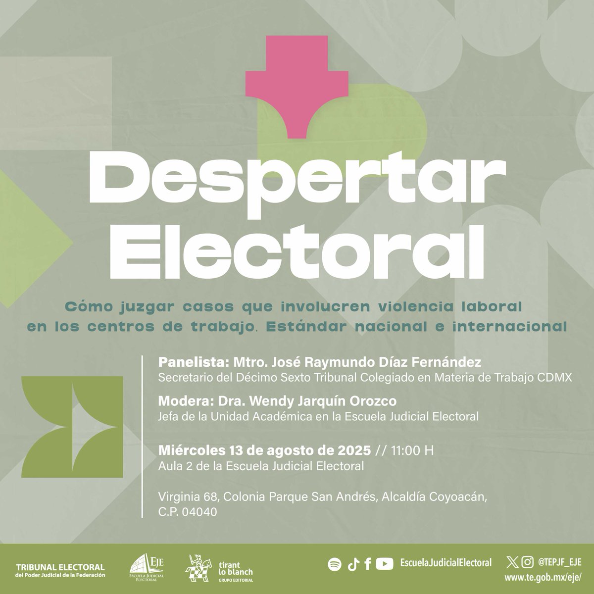 📢 ¿Cómo juzgar casos de violencia laboral con base en estándares nacionales e internacionales?

Acompáñanos en #DespertarElectoral con <a href="/RaymundoDiaz_/">Raymundo Díaz</a> y <a href="/WenJarquin/">Wendy Jarquín</a> 

🗓️ Mié. 13 de agosto, 11:00 h
📍 Aula 2 EJE, CDMX
