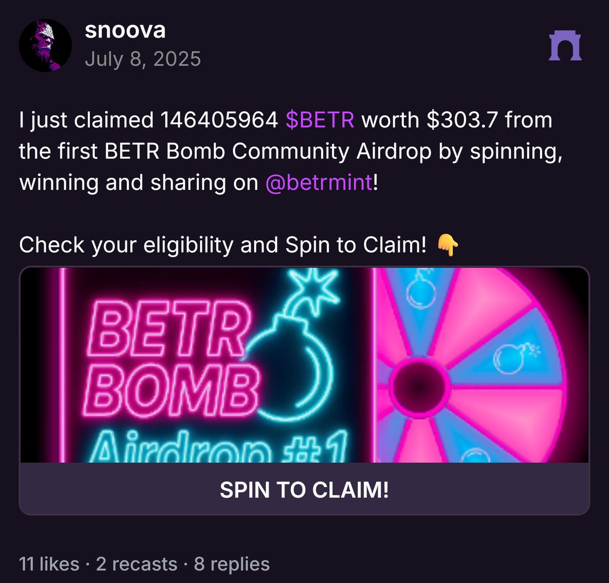 SnoovaOnSuno's tweet photo. @betrmint 's BETRBOMB airdrop... Remember that?
Well, my 146M $BETR worth $303.70 is now worth over
$2000!!!
🤯🙌🤙
@farcaster_xyz @toady_hawk
#Farcaster #Betrmint #BETR https://t.co/NcN5tzX6Hq