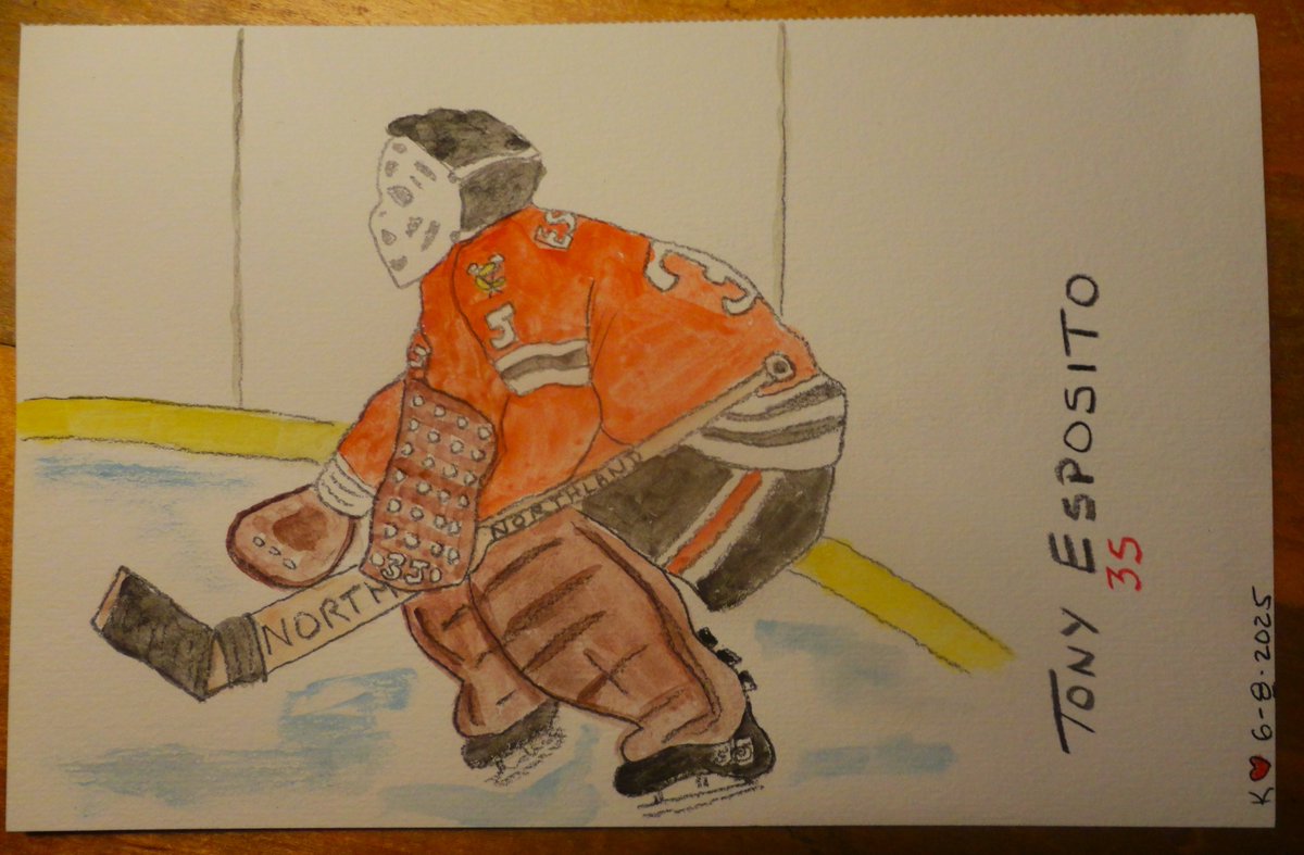 m4goodtimes's tweet photo. #watercolor #sketch #painting 5.5 x 8.5 inch done tonite of #NHL #HOF the late, #TonyEsposito #TonyO #ChicagoBlackhawks #goalie #yeg #art #artist https://t.co/0zPP7T31Q8