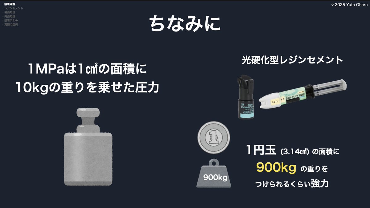 🦷2025/08/08 歯科医師向け

接着はコンセプトを理解して、その手順を遵守することが大事になります。

① 機械的嵌合
　歯や補綴物の表面にある無数のミクロな凹凸に接着剤が入り込み、まるでマジックテープのようにガッチリ固定します

② 化学的接着