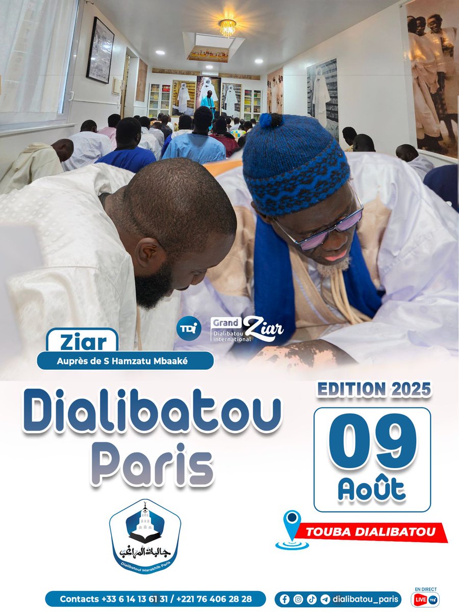 dialibatoumedia's tweet photo. Ziar #dialibatou #paris édition 2025 09 août à #touba #dialibatou
Auprès de #Serigne #Hamsatou Mbacké
En direct sur la #tdi
https://t.co/WP4f6L4Zbn
#TDIsenegal #TDIdiaspora
#18safar #magaltouba https://t.co/8tb2aafXjQ