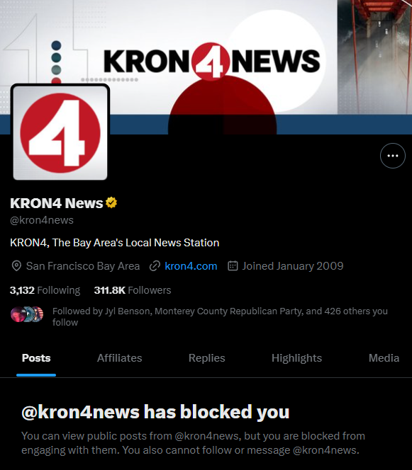 W.R. Smith (@wr_smithca) on Twitter photo Wow this is a first. Being blocked by a "News" organization for free speech... Tells you a lot about <a href="/kron4news/">KRON4 News</a>. Communist rag. Wow this is a first. Being blocked by a "News" organization for free speech... Tells you a lot about <a href="/kron4news/">KRON4 News</a>. Communist rag.