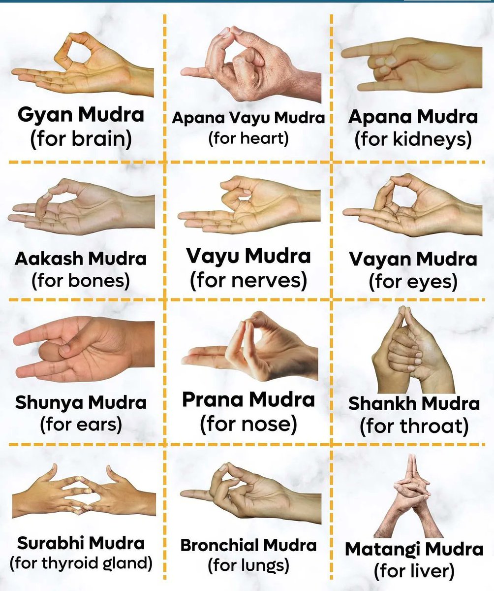 Its_Me_Jasraj's tweet image. Your hands are a healing pharmacy.
Ancient Rishis designed Mudras - sacred hand gestures - that can activate internal organs, balance energy, and heal diseases.

Let’s explore 12 powerful Mudras that connect your fingers to your body, mind &amp;amp; prana.👇 
#MudraScience #Thread