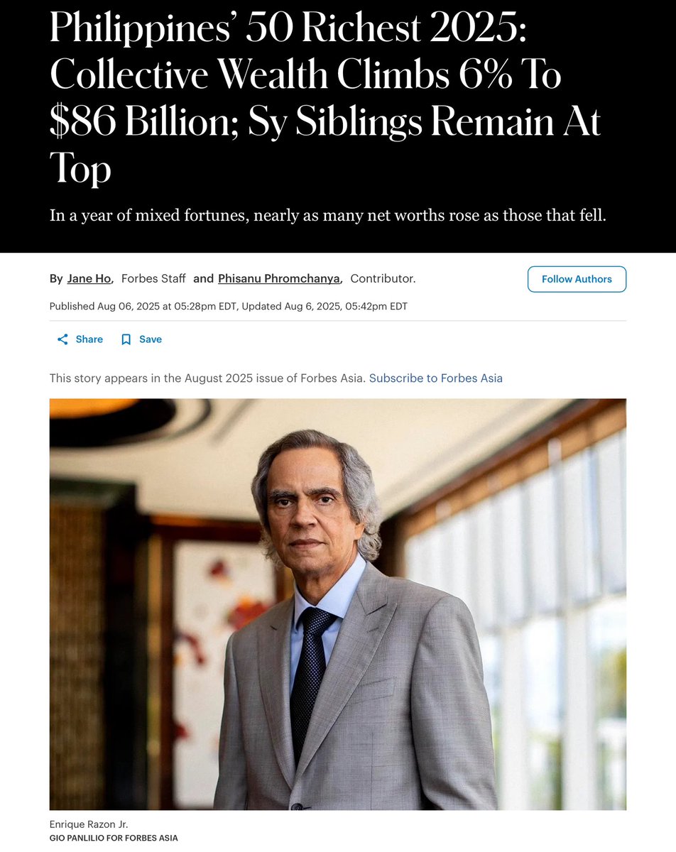 RevinOchave's tweet photo. The Sy siblings of the SM Group, with a combined net worth of $11.8-B, remain the richest in the Philippines, according to the 2025 Forbes list of the Philippines’ 50 Richest. @bworldph https://t.co/RC7SM56ZUT