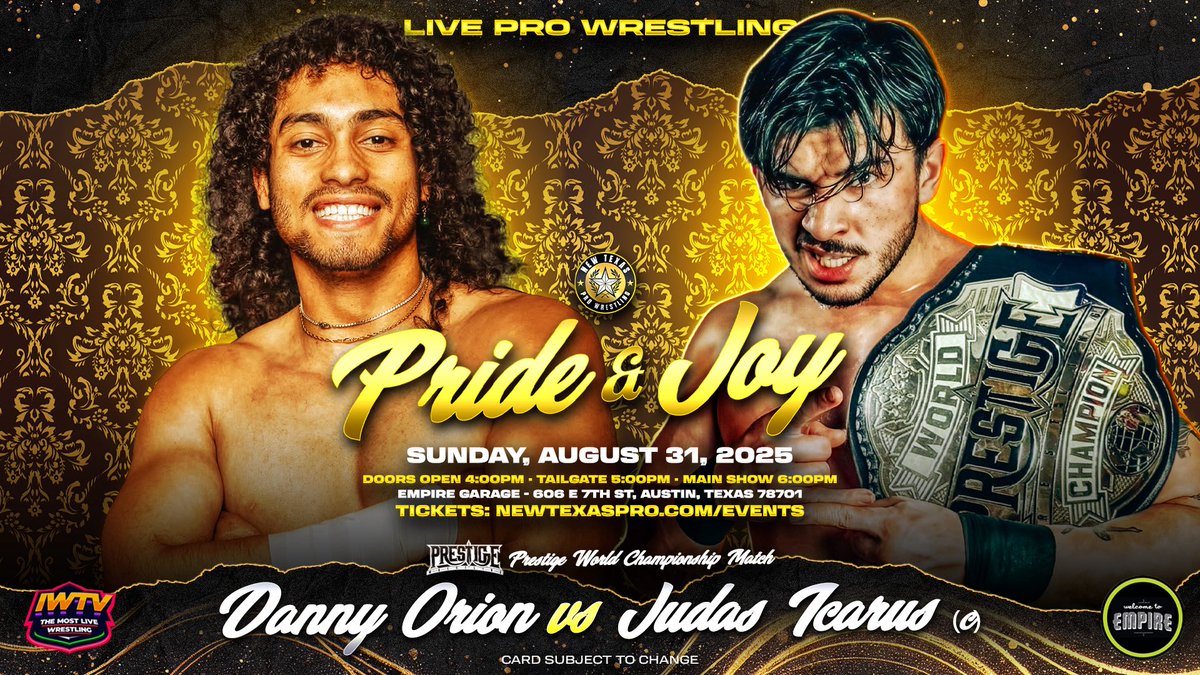 New Texas Pro Wrestling (@newtexaspw) on Twitter photo ❗️MATCH ANNOUNCEMENT❗️
Prestige World Championship Match*:
<a href="/DannyXOrion/">DannyOrion💫</a> v <a href="/thejudasicarus/">Judas Icarus</a> (C)
*if Judas is no longer the Prestige World Champion this match will be contested as a traditional singles match
Already Announced:
- Carter BlaQ
- VertVixen
- 1 Called Manders
- ❗️MATCH ANNOUNCEMENT❗️
Prestige World Championship Match*:
<a href="/DannyXOrion/">DannyOrion💫</a> v <a href="/thejudasicarus/">Judas Icarus</a> (C)
*if Judas is no longer the Prestige World Champion this match will be contested as a traditional singles match
Already Announced:
- Carter BlaQ
- VertVixen
- 1 Called Manders
-