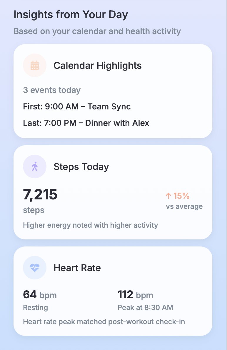 Since someone asked about what the UI will look like in the <a href="/CallDRCope/">Dr. Cope – Your Free AI Mental Wellness Companion</a> app, I thought I share these 2 new sections in the daily view. There are also changes to year and month views as well so you can view them based on overall assessments or specific ones like health/bio data
