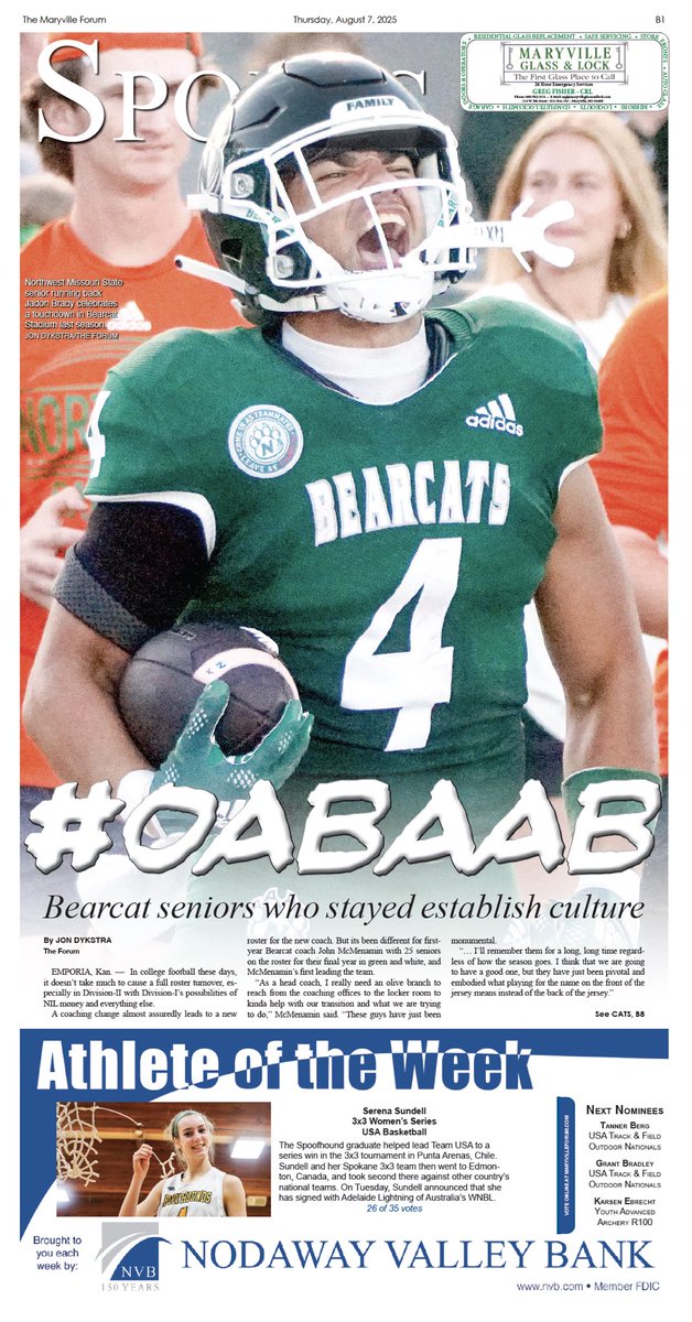 Maryville Forum Sports (@sportsmdf) on Twitter photo Tomorrow’s cover for the MIAA Preview section featuring <a href="/NWBearcat_FB/">Northwest Football</a> senior Jadon Brady. Section hits newsstands tomorrow morning. Tomorrow’s cover for the MIAA Preview section featuring <a href="/NWBearcat_FB/">Northwest Football</a> senior Jadon Brady. Section hits newsstands tomorrow morning.