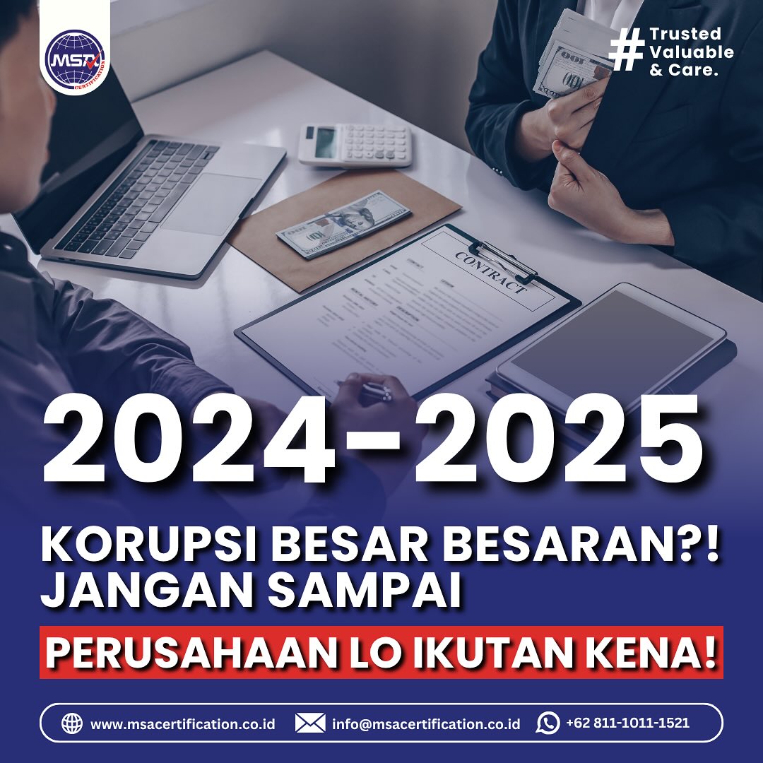 msacert_id's tweet photo. 🚨 Tahun Penuh Skandal Korupsi!
Kerugian negara ratusan triliun! Jangan sampai organisasi kamu jadi korban!

✅ ISO 37001: Solusi mencegah suap &amp; bangun integritas.

Hubungi PT MSA untuk sertifikasi ISO 37001.
📩 info@msacertification.co.id | 📱 0811-1011-1621
#ISO37001 #Korupsi https://t.co/XYmS9HHiY5