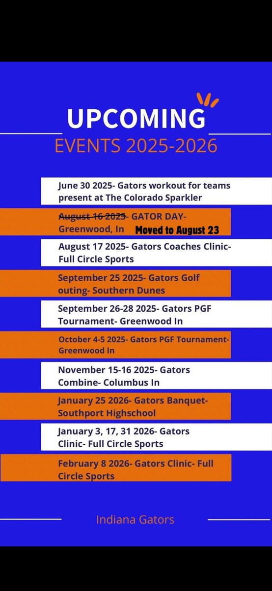 Here is our schedule for the 2025-2026 travel season! Hope to see some of you guys out there!! <a href="/GatorsThorpe/">Indiana Gators Premier Thorpe/Craig 18U</a> <a href="/DefiCollegeSB/">Defiance College Softball</a> <a href="/KalinHubble/">kay</a> <a href="/ODU_Softball/">Ohio Dominican Softball</a> <a href="/FCGrizSoftball/">Franklin College Softball</a> <a href="/StFrancissftbal/">🥎SAINT FRANCIS SOFTBALL🥎</a> <a href="/HanoverSBall/">Hanover College Softball</a> <a href="/IUCAthletics/">IU Columbus Athletics</a> <a href="/CoachC_HC/">Cori Collinsworth</a> <a href="/INTechSoftball/">Indiana Tech Softball</a> <a href="/Coach_Zimny/">Z</a> <a href="/Huntington_SB/">Huntington Softball</a> <a href="/goshen_sb/">GC Softball</a>