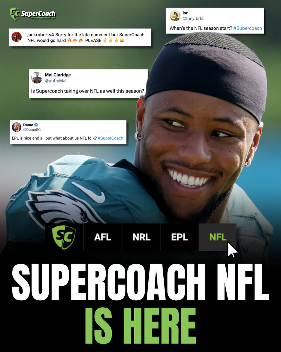 SuperCoachNFL's tweet image. SuperCoach 🤝 NFL

It's happening.

Play now ▶️ supercoach.com.au/nfl

#SuperCoach #NFL