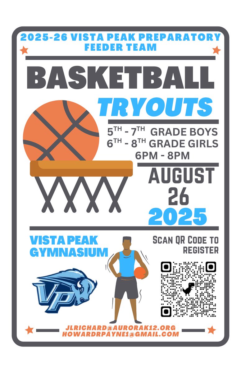 Vista PEAK Prep feeder tryouts are coming up August 26th! 🦬 

Register using the QR Code ⬇️