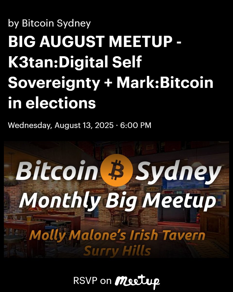 Bitcoin Sydney (@bitcoin_sydney) on Twitter photo Please join us next Wednesday for our Big Monthly Meetup.
<a href="/_k3tan/">k3tan</a> will discuss attaining complete digital sovereignty, including Bitcoin.
<a href="/MarkOfBitcoin/">Mark of Bitcoin</a> will discus spreading Bitcoin awareness as a political candidate.
RSVP & More⏬ Please share!
meetup.com/bitcoin_sydney… Please join us next Wednesday for our Big Monthly Meetup.
<a href="/_k3tan/">k3tan</a> will discuss attaining complete digital sovereignty, including Bitcoin.
<a href="/MarkOfBitcoin/">Mark of Bitcoin</a> will discus spreading Bitcoin awareness as a political candidate.
RSVP & More⏬ Please share!
meetup.com/bitcoin_sydney…