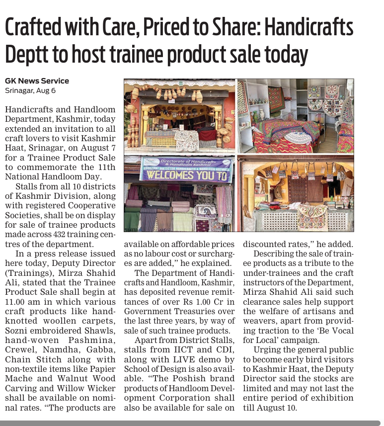 Department of Handicrafts & Handloom, Kashmir (@dohhkmr) on Twitter photo All are invited to Clearance Sale of Trainee Products. organized by <a href="/dohhkmr/">Department of Handicrafts & Handloom, Kashmir</a> at #KashmirHaat (Numaish Gah), Srinagar, today, FROM 11.00 am onwards.
<a href="/diprjk/">Information & PR, J&K</a> <a href="/OfficeOfLGJandK/">Office of LG J&K</a> <a href="/CM_JnK/">Office of Chief Minister, J&K</a> <a href="/Surinderch55/">Surinder Choudhary</a> <a href="/GreaterKashmir/">Greater Kashmir</a> <a href="/RisingKashmir/">Rising Kashmir</a> <a href="/TexMinIndia/">Ministry of Textiles</a> All are invited to Clearance Sale of Trainee Products. organized by <a href="/dohhkmr/">Department of Handicrafts & Handloom, Kashmir</a> at #KashmirHaat (Numaish Gah), Srinagar, today, FROM 11.00 am onwards.
<a href="/diprjk/">Information & PR, J&K</a> <a href="/OfficeOfLGJandK/">Office of LG J&K</a> <a href="/CM_JnK/">Office of Chief Minister, J&K</a> <a href="/Surinderch55/">Surinder Choudhary</a> <a href="/GreaterKashmir/">Greater Kashmir</a> <a href="/RisingKashmir/">Rising Kashmir</a> <a href="/TexMinIndia/">Ministry of Textiles</a>