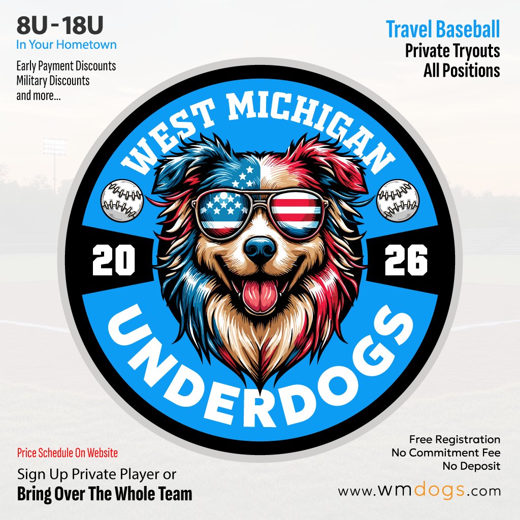 West Michigan Underdogs
West Michigan Underdogs TRAVEL BASEBALL

Private Tryouts in your hometown.
wmdogs.com 

Call or Text (616) 422-5009, or hello@wmdogs.com

#baseball #BaseballTravel #baseballtravel #travelbaseball #travelbaseballmom #MichiganBaseball