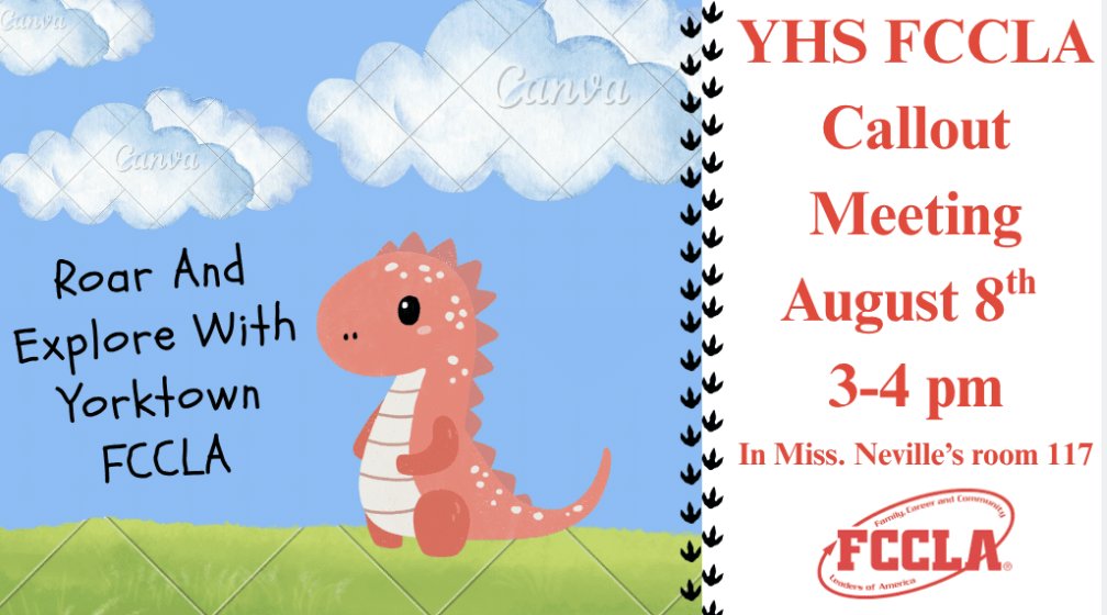 FCCLA Call Out Meeting!  
Friday, August 8th in Ms. Neville's room from 3-4
Come hungry!