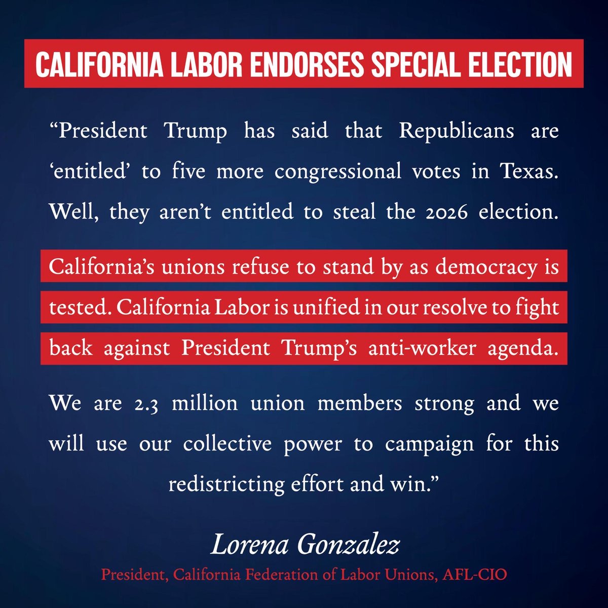 California Federation of Labor Unions (@californialabor) on Twitter photo 🚨 BREAKING: <a href="/CaliforniaLabor/">California Federation of Labor Unions</a> unanimously endorses to support a special election to redraw CA congressional lines.
We will NOT stand on the sidelines as Texas Republicans threaten to steal the 2026 election. We are 2.3 million union members strong and we're fighting back against 🚨 BREAKING: <a href="/CaliforniaLabor/">California Federation of Labor Unions</a> unanimously endorses to support a special election to redraw CA congressional lines.
We will NOT stand on the sidelines as Texas Republicans threaten to steal the 2026 election. We are 2.3 million union members strong and we're fighting back against