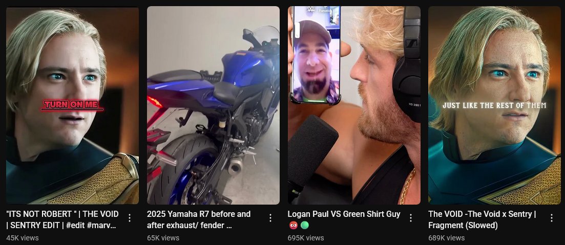 Everything with social media is a cheap copy now, half of the shorts are just cheap "react" BS just to get you to watch a few times so some lazy POS can get money for nothing. 

Originality is dead

Legit two of these thumbnails, both the EXACT same video just slighty different.