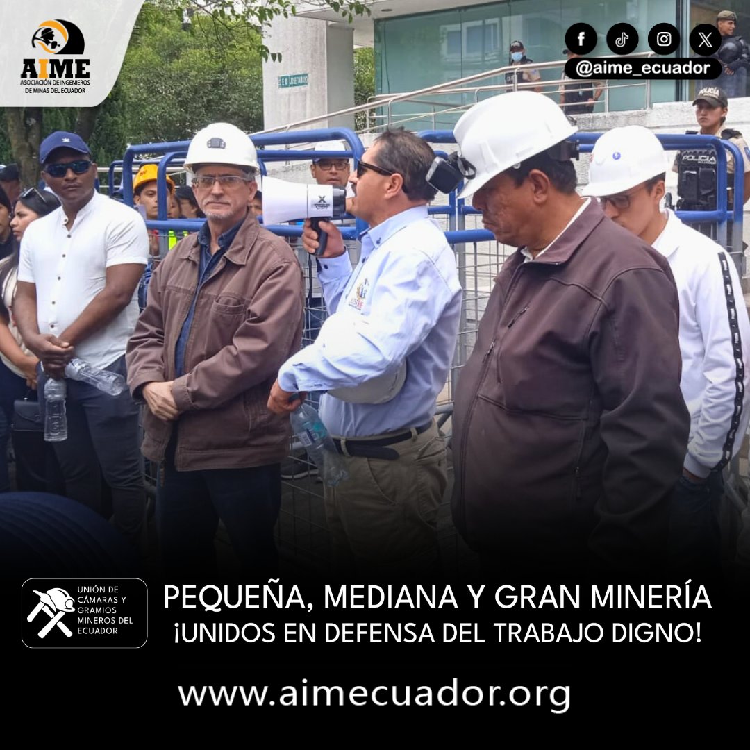 Asociación de Ingenieros de Minas del Ecuador (@aime_ecuador) on Twitter photo 🔵⚒ AIME junto al sector minero por el trabajo, la inversión y la legalidad.
Hoy participamos en la movilización pacífica ante la <a href="/CorteConstEcu/">Corte Constitucional</a>. Impulsamos mesas técnicas para revisar la tasa minera con diálogo, legalidad y visión de futuro.
#MineríaResponsable #AIME 🔵⚒ AIME junto al sector minero por el trabajo, la inversión y la legalidad.
Hoy participamos en la movilización pacífica ante la <a href="/CorteConstEcu/">Corte Constitucional</a>. Impulsamos mesas técnicas para revisar la tasa minera con diálogo, legalidad y visión de futuro.
#MineríaResponsable #AIME