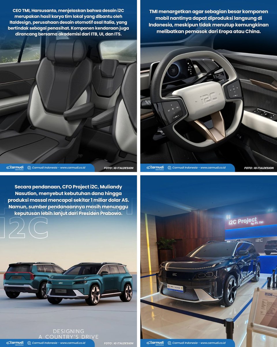 Carmudi_ID's tweet image. Presiden Prabowo resmi luncurkan proyek mobil listrik nasional: i2C (Indonesia Indigenous Car) SUV listrik 7-penumpang di bawah Rp500 juta, i2C ditargetkan mulai produksi massal akhir 2027. 
#carmudiindonesia #i2c